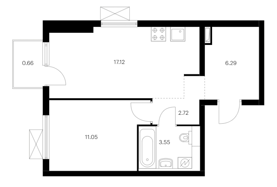 1-комнатная квартира 41.39 м², 12/15 эт., ЖК «Заречный парк»